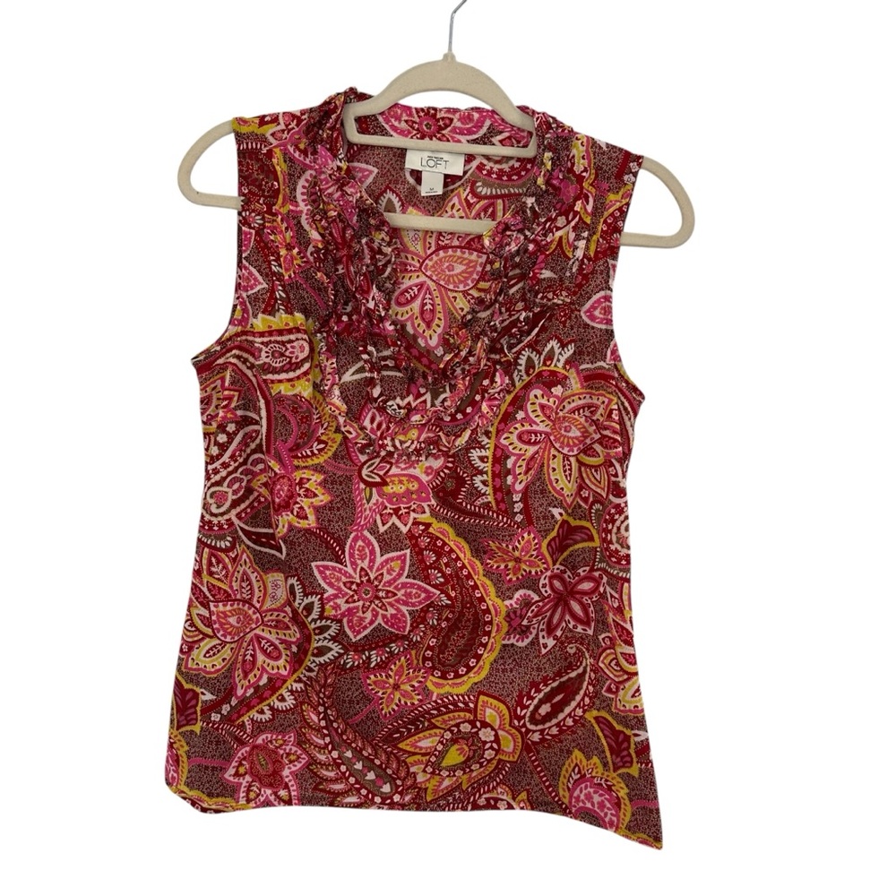 Ann Taylor LOFT Multicolored Floral Paisley Sleeveless Ruffle Blouse Size Medium